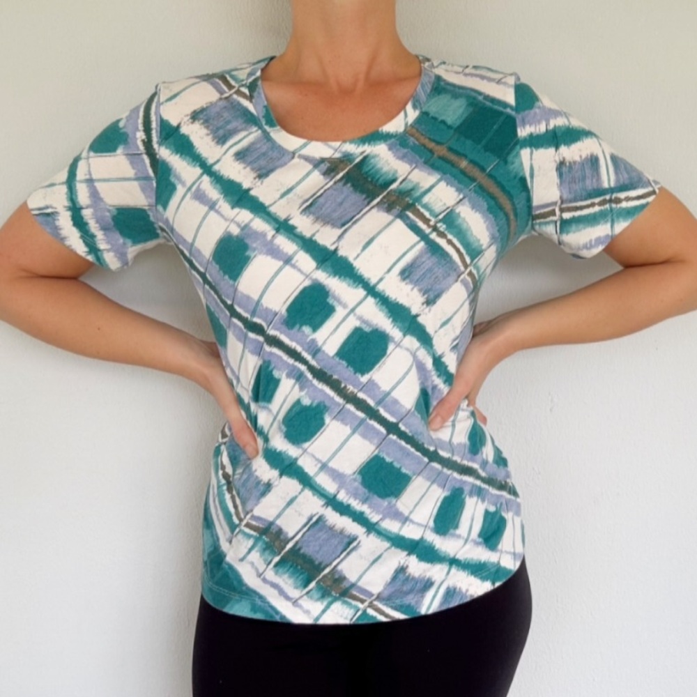 Coral Bay Petite teal green white abstract print short sleeve cotton tee medium
